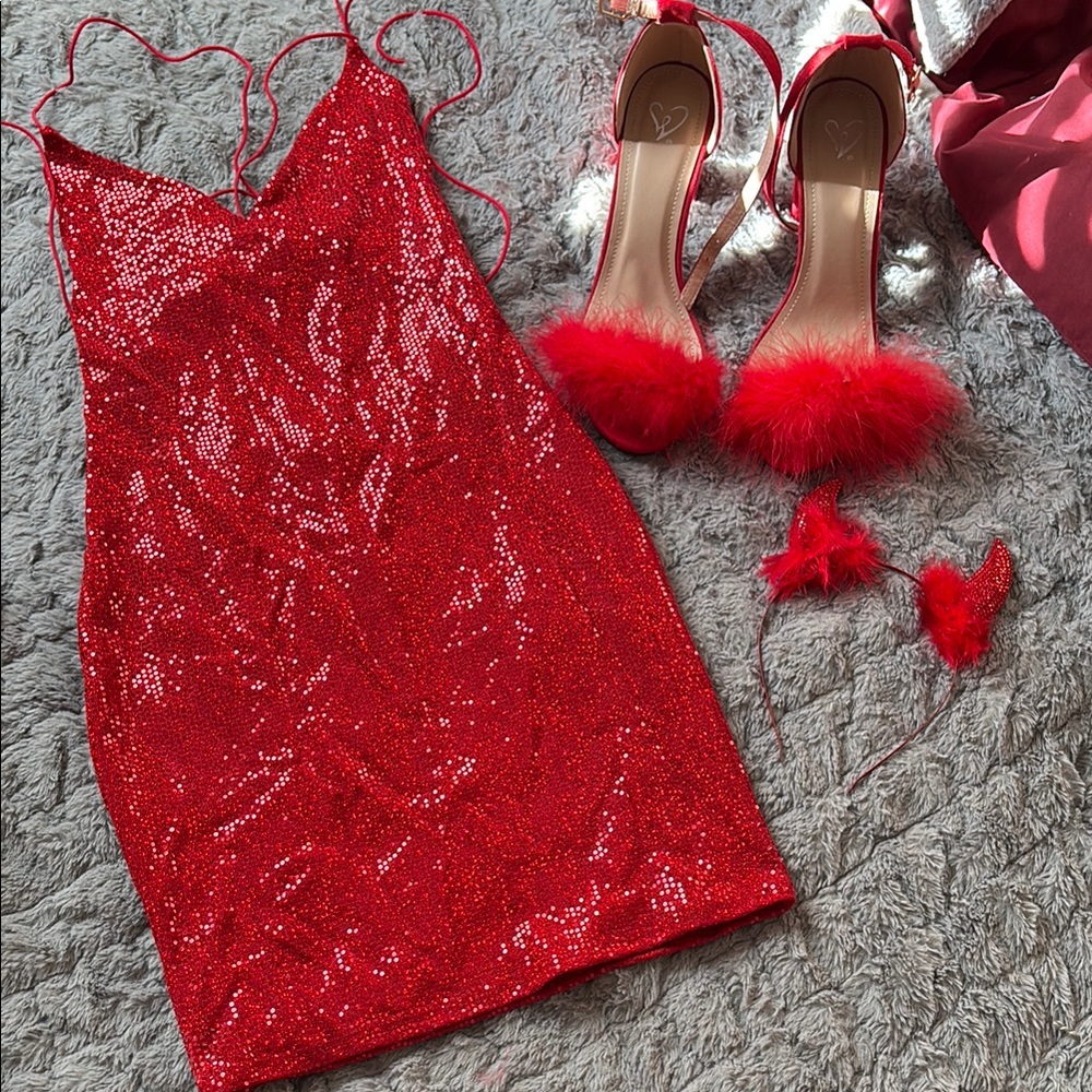 Red Sequin Dress with Matching Fuzzy Heels and Horns